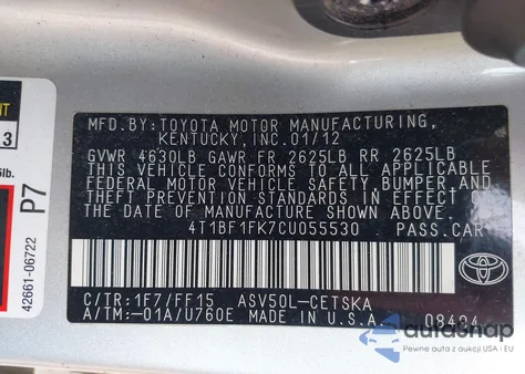 2012 Toyota Camry Se z USA, uszkodzony, nr VIN 4T1BF1FK7CU055530